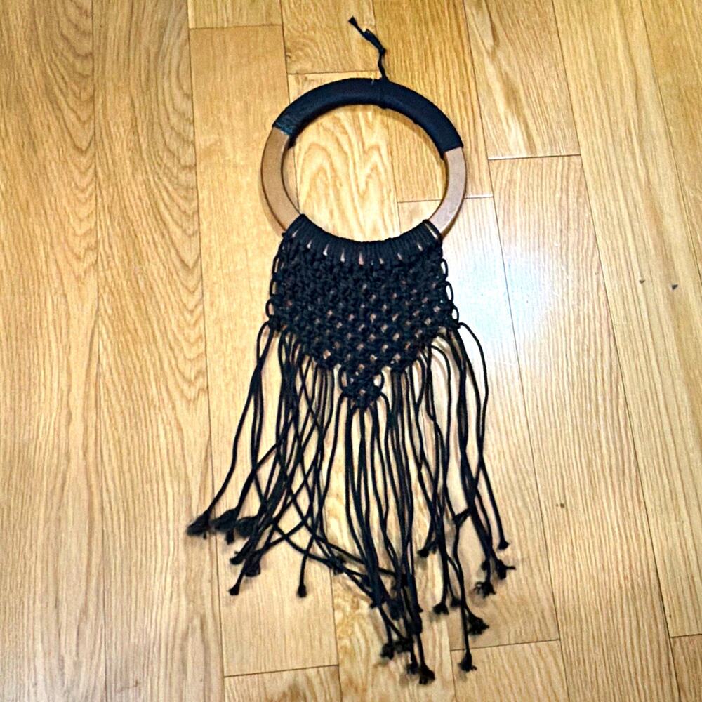 Handcrafted Black Macrame Wall Hanging Wooden Hoop Ring Fringe Tapestry